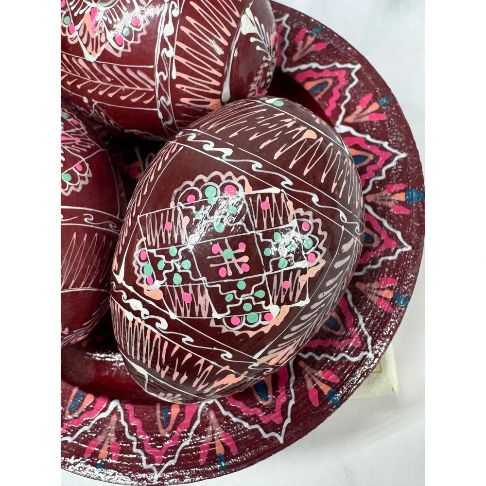 Hand Painted Wooden Easter Egg Set 3 Eggs and Display Plate Burgundy Folk Art